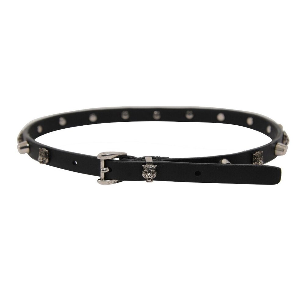 Gucci Feline Tiger Head Choker Necklace Black Leather Silver Studs Buckle Logo